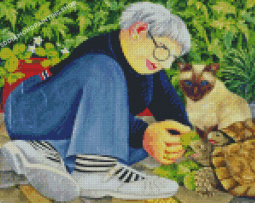 Woman With Her Cat And Turtles By Beryl Book Diamond Painting