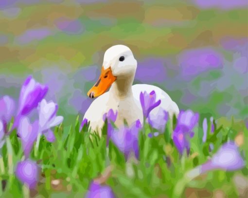 Duck And Purple Flowers Diamond Painting