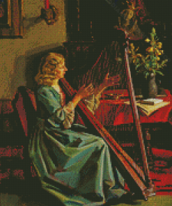 Lady Playing Harp Diamond Painting