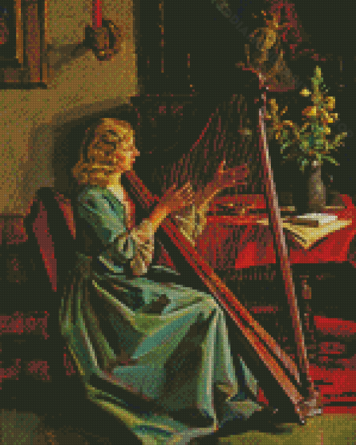 Lady Playing Harp Diamond Painting