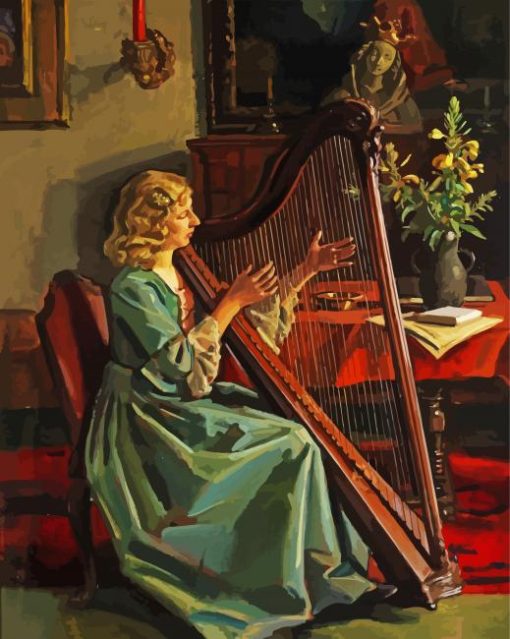 Lady Playing Harp Diamond Painting