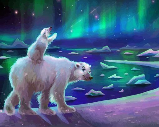 Northern Lights With Mom And Baby Polar Bear Diamond Painting