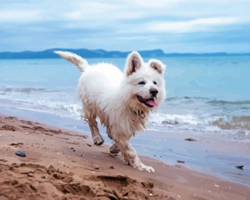 White Dog At Beach Diamond Painting