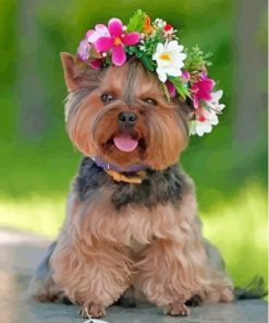 Yorkshire Terrier And Flowers Crown Diamond Painting