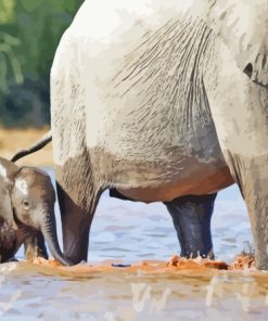 Mom And Baby Elephant In Water Diamond Painting