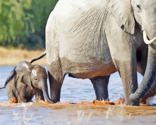 Mom And Baby Elephant In Water Diamond Painting