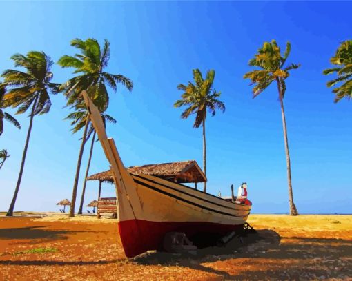 Beach Boat Palm Trees Diamond Painting