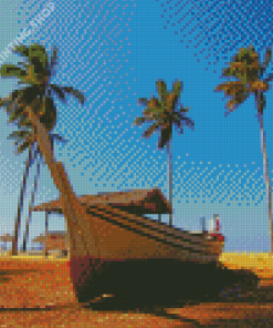 Beach Boat Palm Trees Diamond Painting