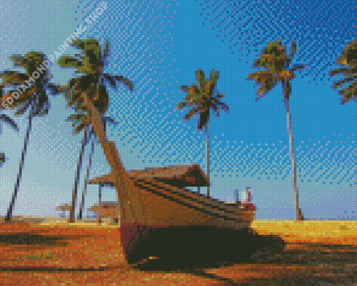 Beach Boat Palm Trees Diamond Painting