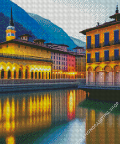 Buildings And Lake Diamond Painting