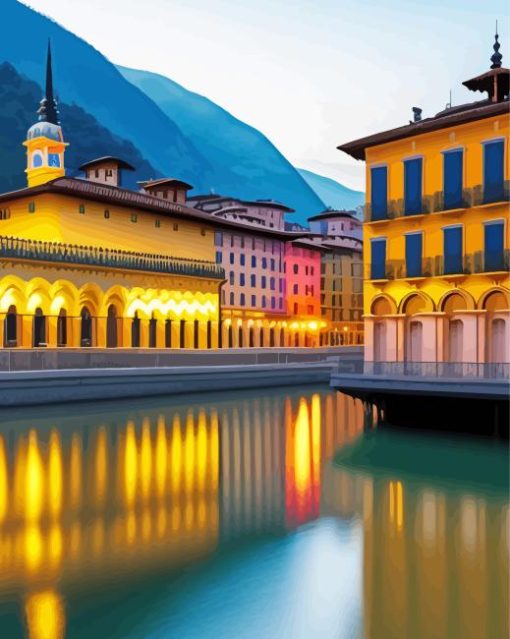 Buildings And Lake Diamond Painting