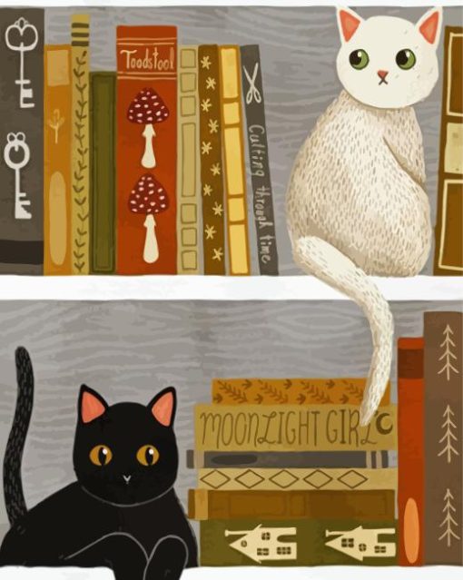 Cats On Bookshelf Art Diamond Painting