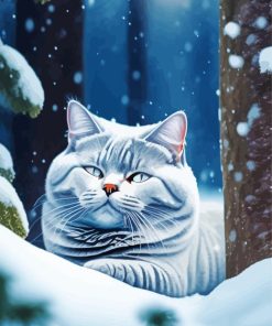 Gray British Shorthair In A Snowy Forest Diamond Painting