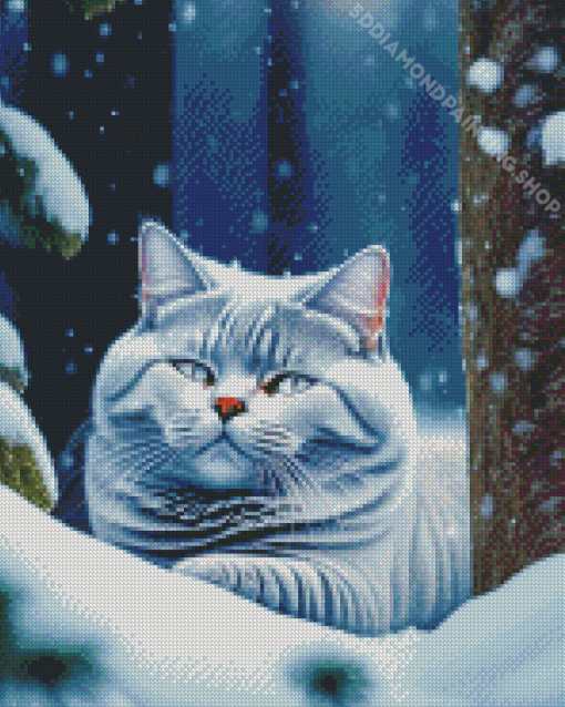 Gray British Shorthair In A Snowy Forest Diamond Painting