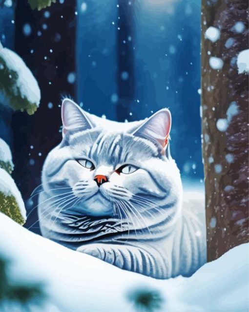 Gray British Shorthair In A Snowy Forest Diamond Painting