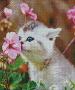 Kitten Smelling Flowers Diamond Painting