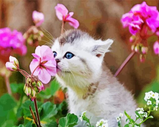 Kitten Smelling Flowers Diamond Painting