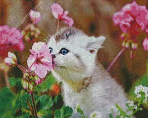 Kitten Smelling Flowers Diamond Painting