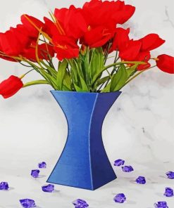 Red Tulips In Blue Vase Diamond Painting