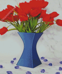 Red Tulips In Blue Vase Diamond Painting