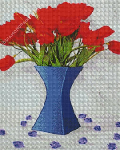 Red Tulips In Blue Vase Diamond Painting