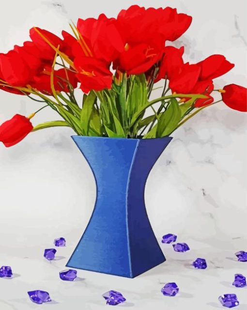 Red Tulips In Blue Vase Diamond Painting