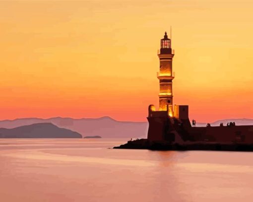 Sunset At Chania Lighthouse Diamond Painting