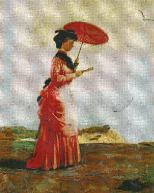 Vintage Woman Carrying Umbrella On Beach Diamond Painting