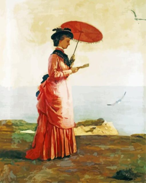 Vintage Woman Carrying Umbrella On Beach Diamond Painting