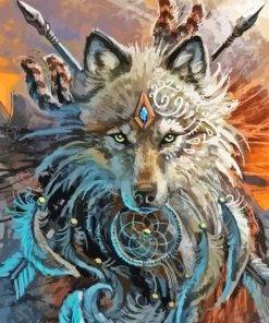 Warrior Wolf With Dream Catcher Diamond Painting