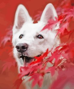 White Swiss Shepherd With Red Leaves Diamond Painting