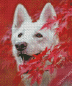 White Swiss Shepherd With Red Leaves Diamond Painting