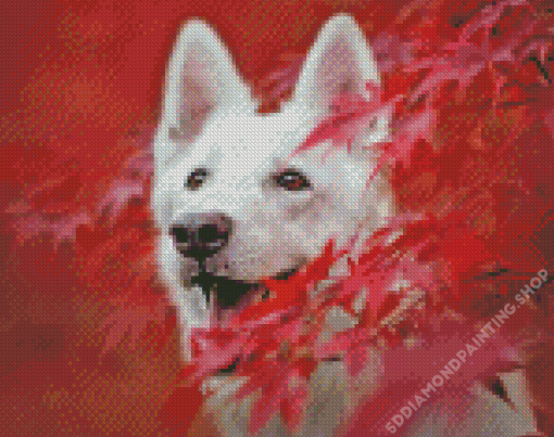 White Swiss Shepherd With Red Leaves Diamond Painting