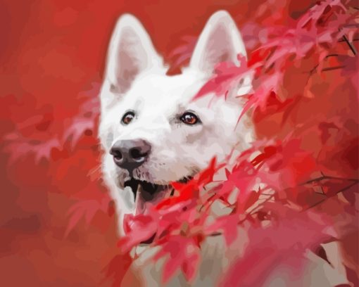 White Swiss Shepherd With Red Leaves Diamond Painting