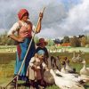 Woman And Children Feeding Geese Diamond Painting