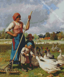 Woman And Children Feeding Geese Diamond Painting