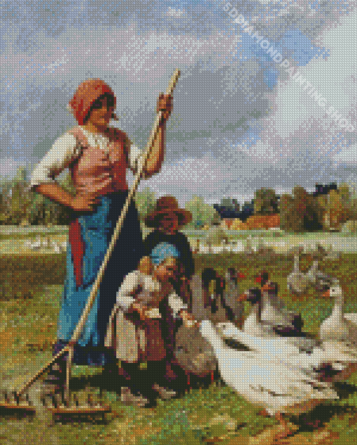 Woman And Children Feeding Geese Diamond Painting