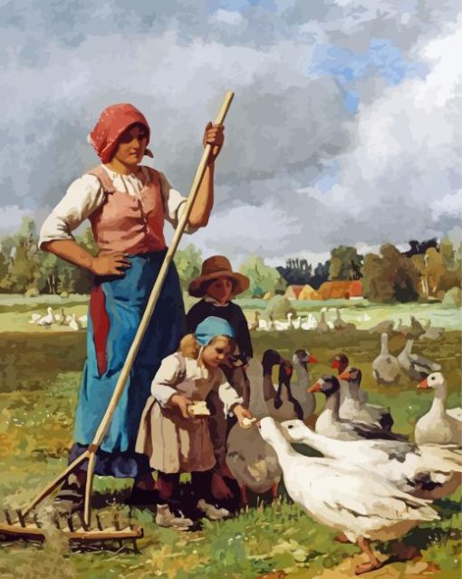 Woman And Children Feeding Geese Diamond Painting