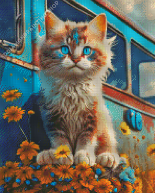 Cat And Yellow Flowers Diamond Painting