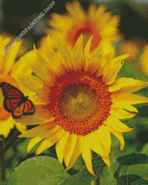 Orange Butterfly On Sunflower Diamond Painting