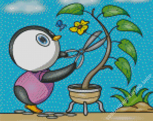 Penguin Cutting Flowers Diamond Painting