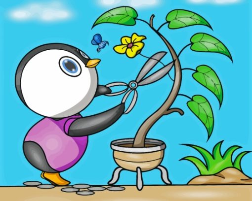 Penguin Cutting Flowers Diamond Painting