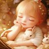 Sleepy Girl And White Bunnies Diamond Painting