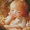 Sleepy Girl And White Bunnies Diamond Painting