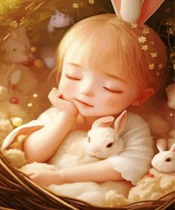 Sleepy Girl And White Bunnies Diamond Painting