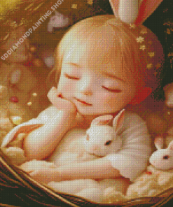 Sleepy Girl And White Bunnies Diamond Painting