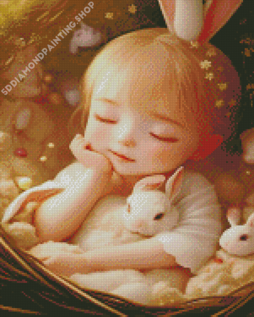 Sleepy Girl And White Bunnies Diamond Painting