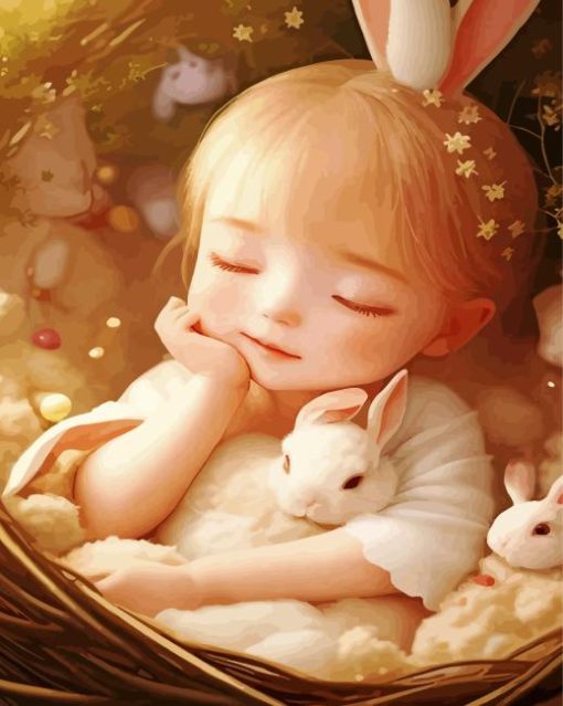 Sleepy Girl And White Bunnies Diamond Painting