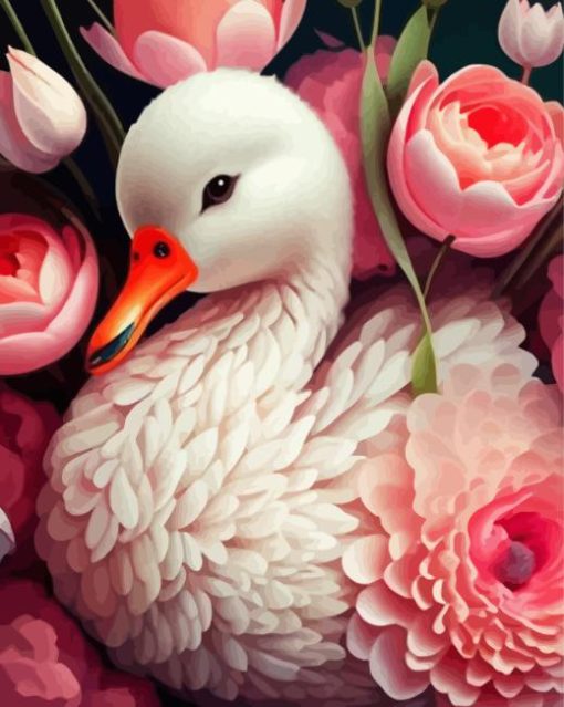 White Duck And Flowers Diamond Painting