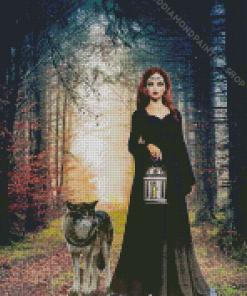 Woman And Wolf In Forest Diamond Painting